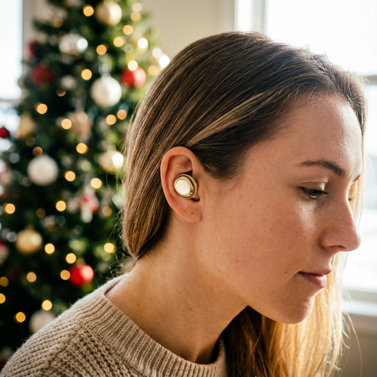 Woman wearing gold earrings with a Christmas tree in the background