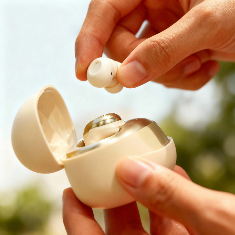 Close-up of hands holding a white wireless earbud and its charging case against a blurred natural background.