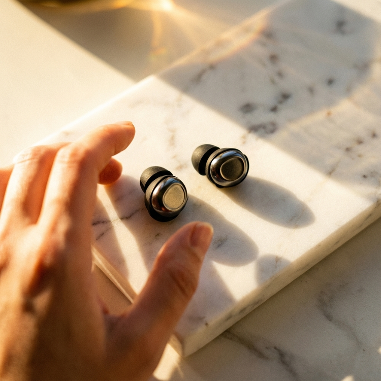 Black wireless earbuds on a marble surface with a hand reaching towards them.