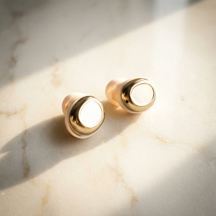 Gold wireless earbuds on a marble surface