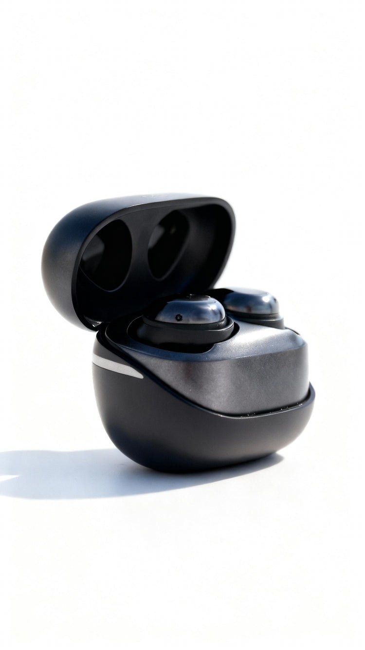 Black wireless earbuds in a charging case on a white background