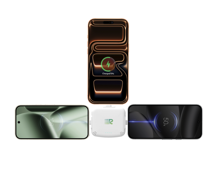 A white wireless charging dock with a green logo in the center, shown with three smartphones above and below it on a plain white background. The top phone displays a wireless charging interface with 100% charge.