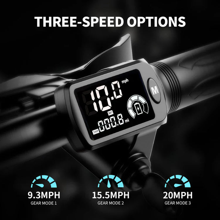 Digital speedometer with three-speed options on a dark background
