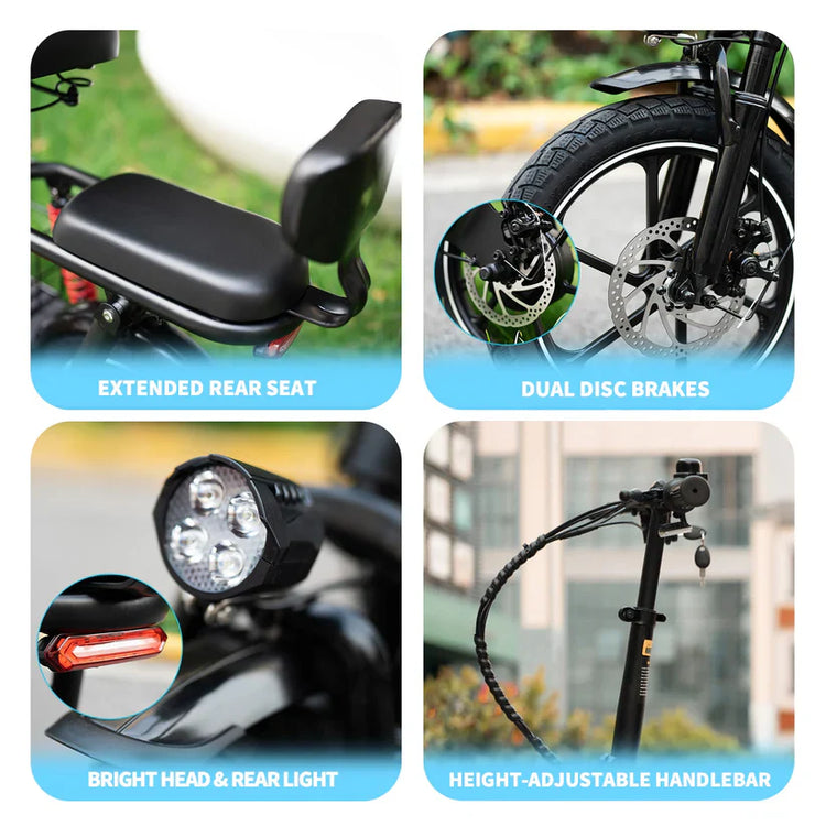 Motorcycle features including extended rear seat, dual disc brakes, bright head & rear light, and height-adjustable handlebar.