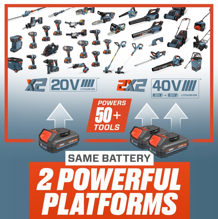 Collection of power tools with X2 20V and 2X2 40V branding on a blue background.