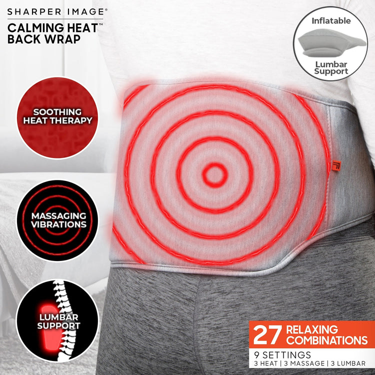An image showcasing the features and design of the Calming Heat Back Wrap, which includes soothing heat therapy, massaging vibrations, and inflatable lumbar support. It highlights the product's ability to relieve stiff joints and tired muscles with 27 relaxing combinations.