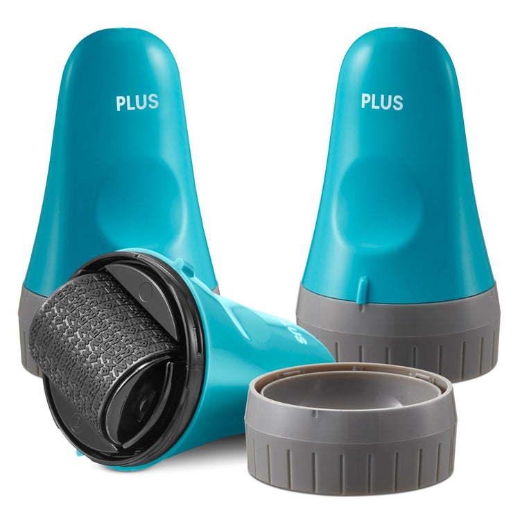 A set of four ID Defender rollers in pink, black, blue, and purple colors with a 'PLUS' sign on each.