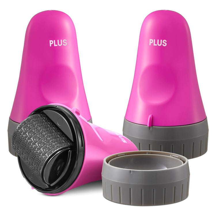 A set of four ID Defender rollers in pink, black, blue, and purple colors with a 'PLUS' sign on each.