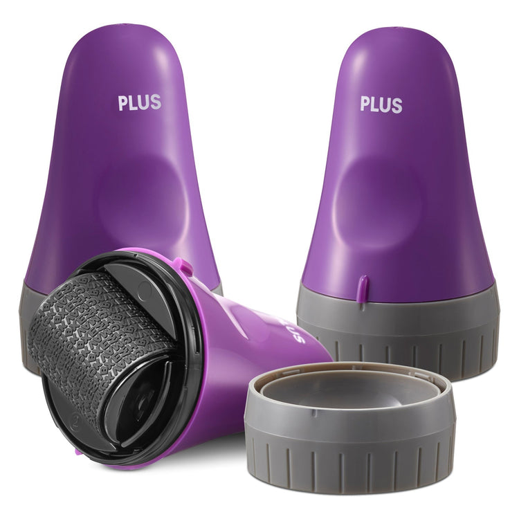 A set of four ID Defender rollers in pink, black, blue, and purple colors with a 'PLUS' sign on each.