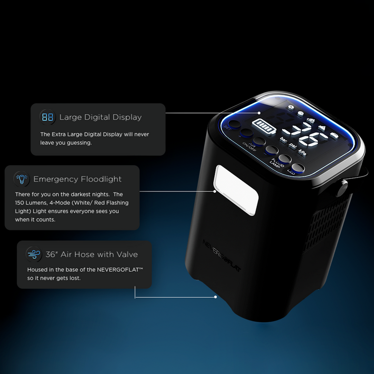 NeverGoFlat - Portable Air Compressor, Power Bank & Flashlight
