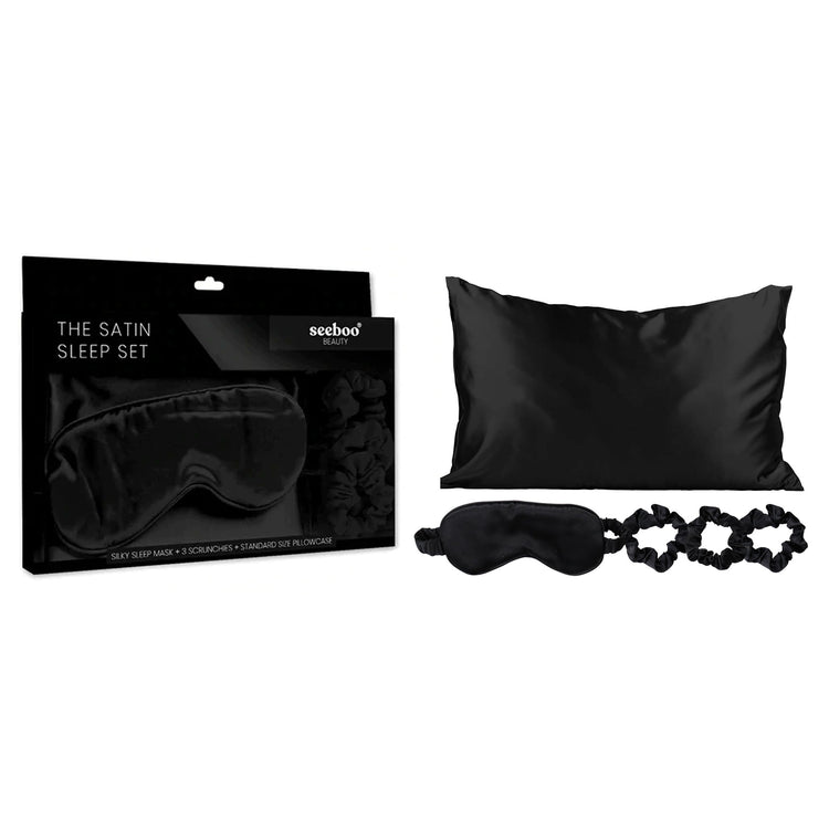SPECIAL OFFER 5-Piece Set: Black Silky Satin Sleep Mask with Pillowcase and Scrunchies
