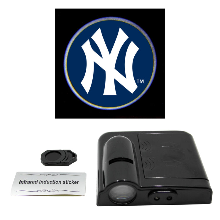 LED car door light projector with a New York Yankees logo slide, an infrared sticker, and a product information card.