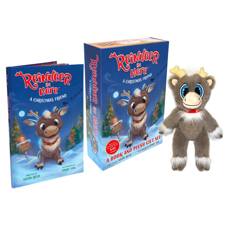 A book and plush toy set featuring a reindeer character. The book cover shows an illustration of a reindeer with a Santa hat, and the plush toy is in front, depicting a similar reindeer with a golden antler rack.