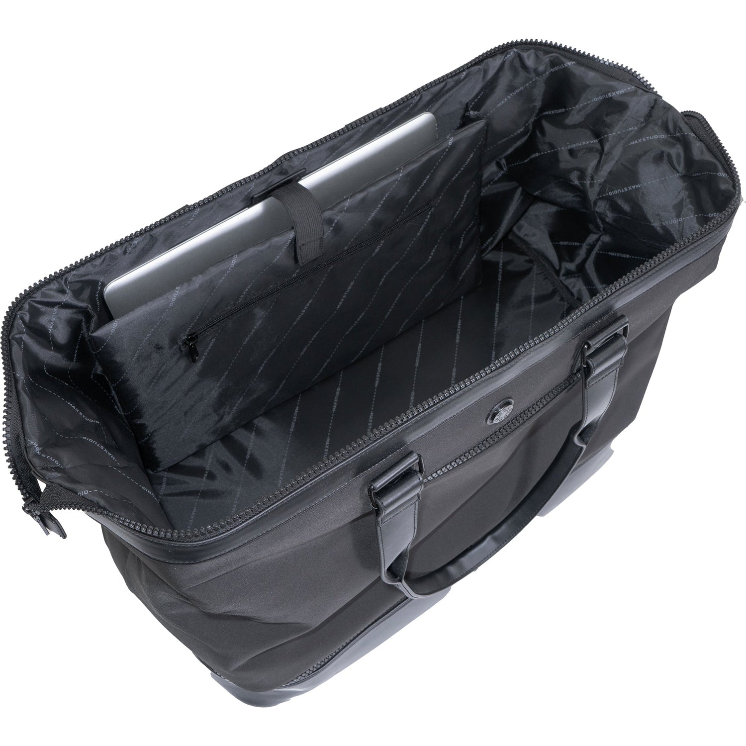 Black laptop bag with a compartment for a laptop on a white background