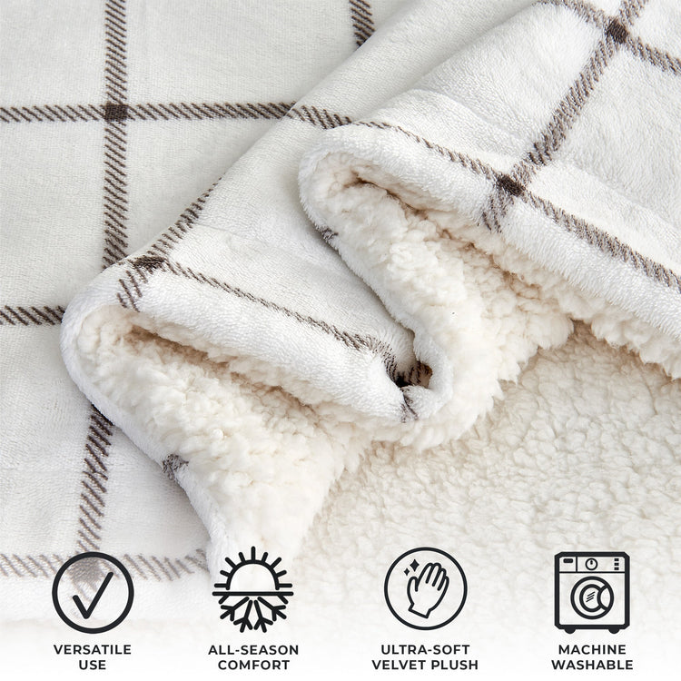 Ultra-Soft Velvet Plush Reversible Sherpa Fleece Blanket - Grey Windowpane