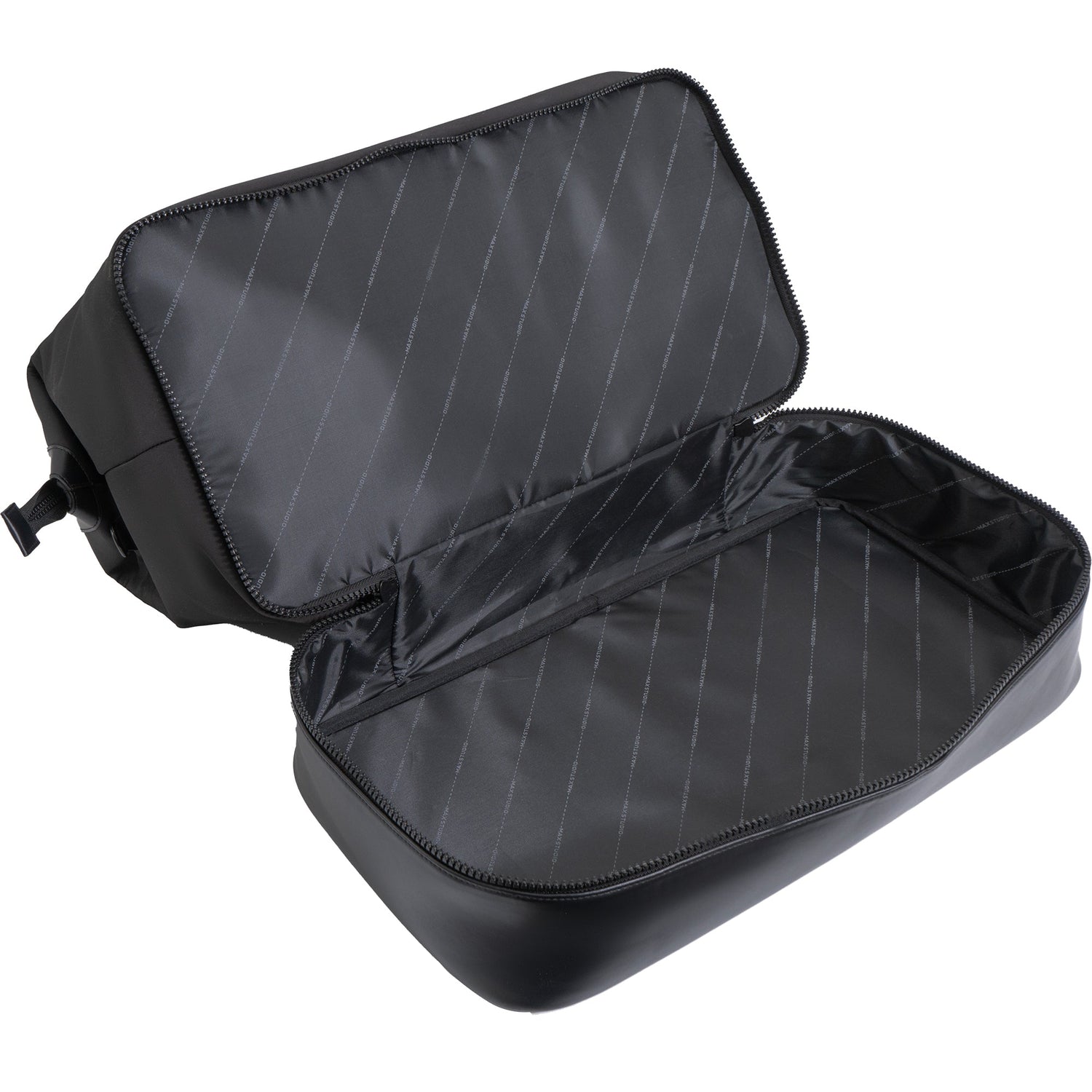 Black travel case with open lid on a white background