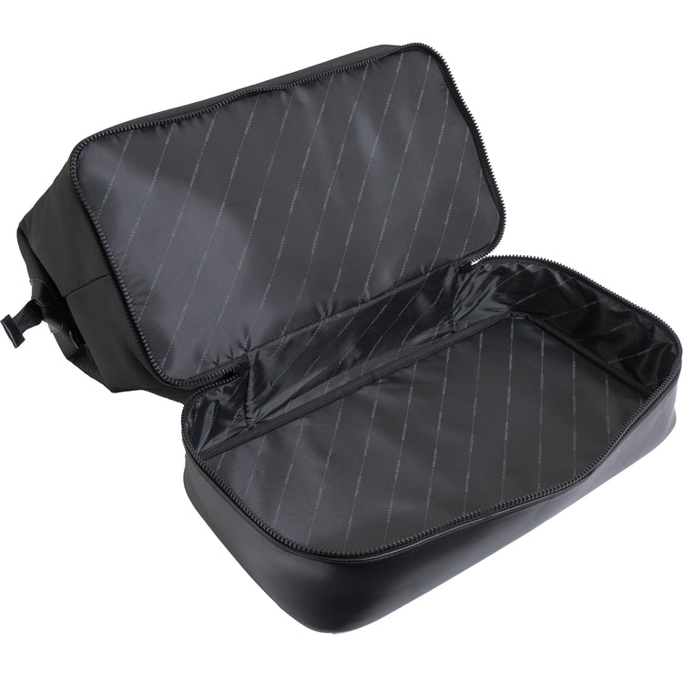 Black travel case with open lid on a white background