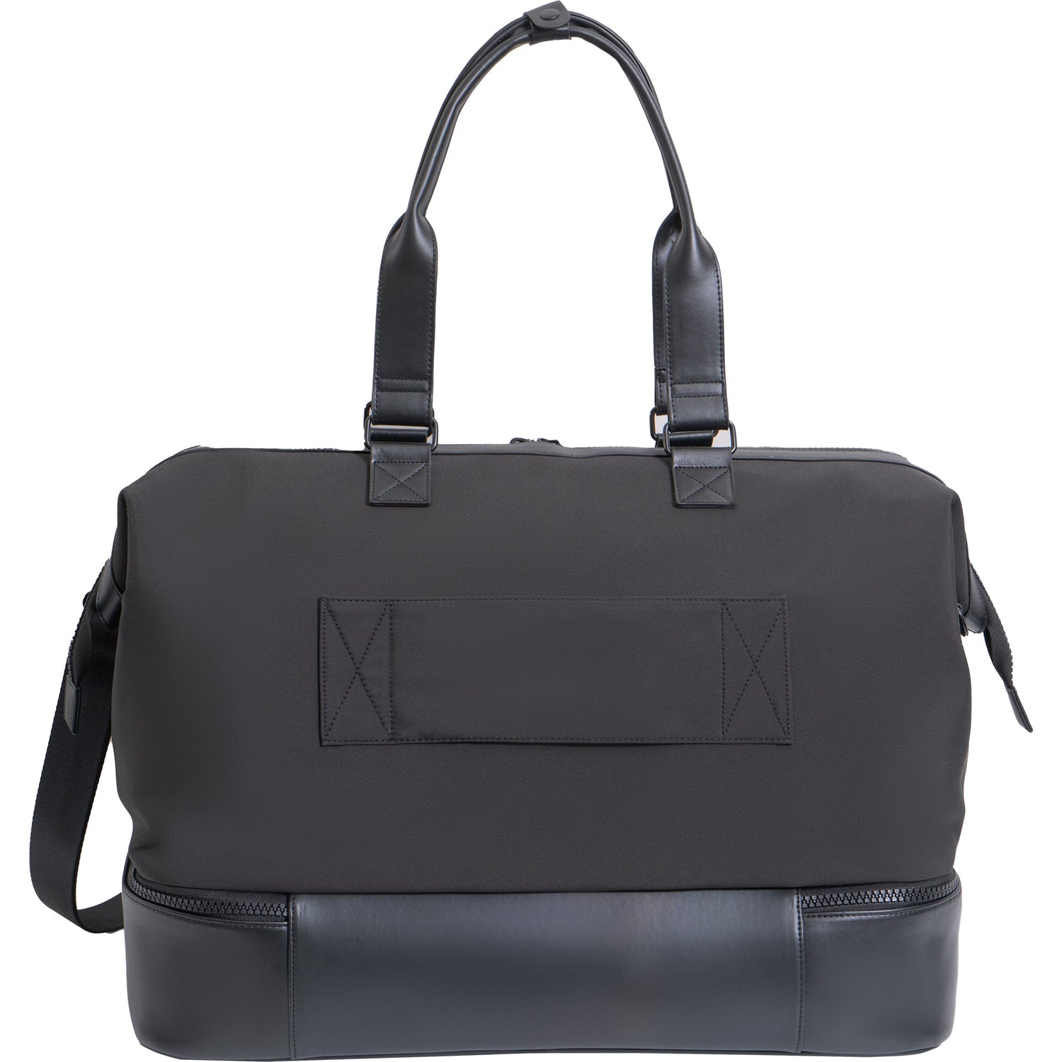 Black duffel bag with leather accents on a white background