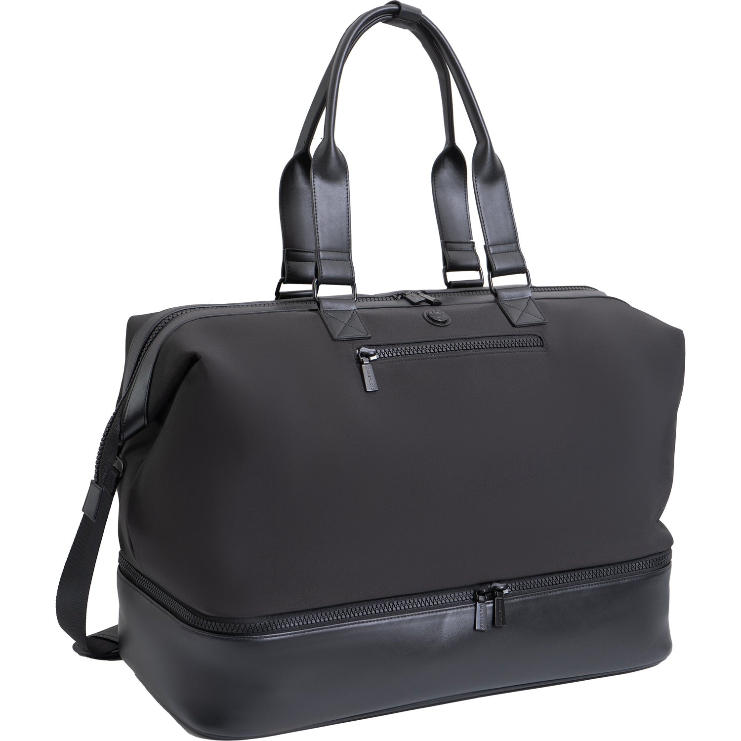Black travel bag with handles and a shoulder strap on a white background