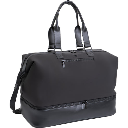 Black travel bag with handles and a shoulder strap on a white background