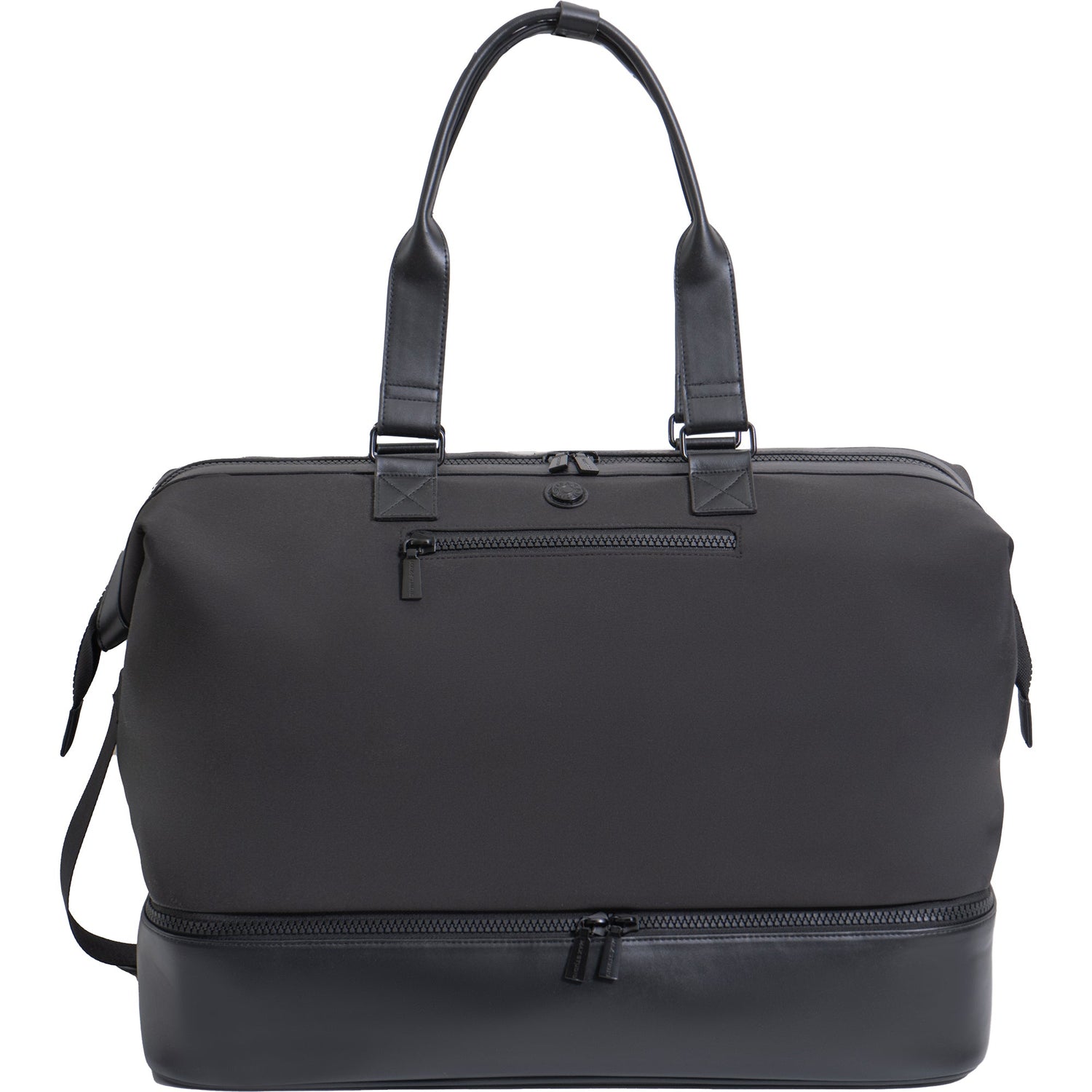 Black travel bag with multiple zippers on a white background