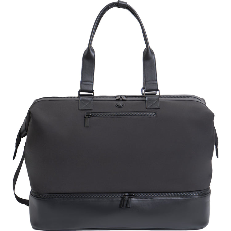 Black travel bag with multiple zippers on a white background