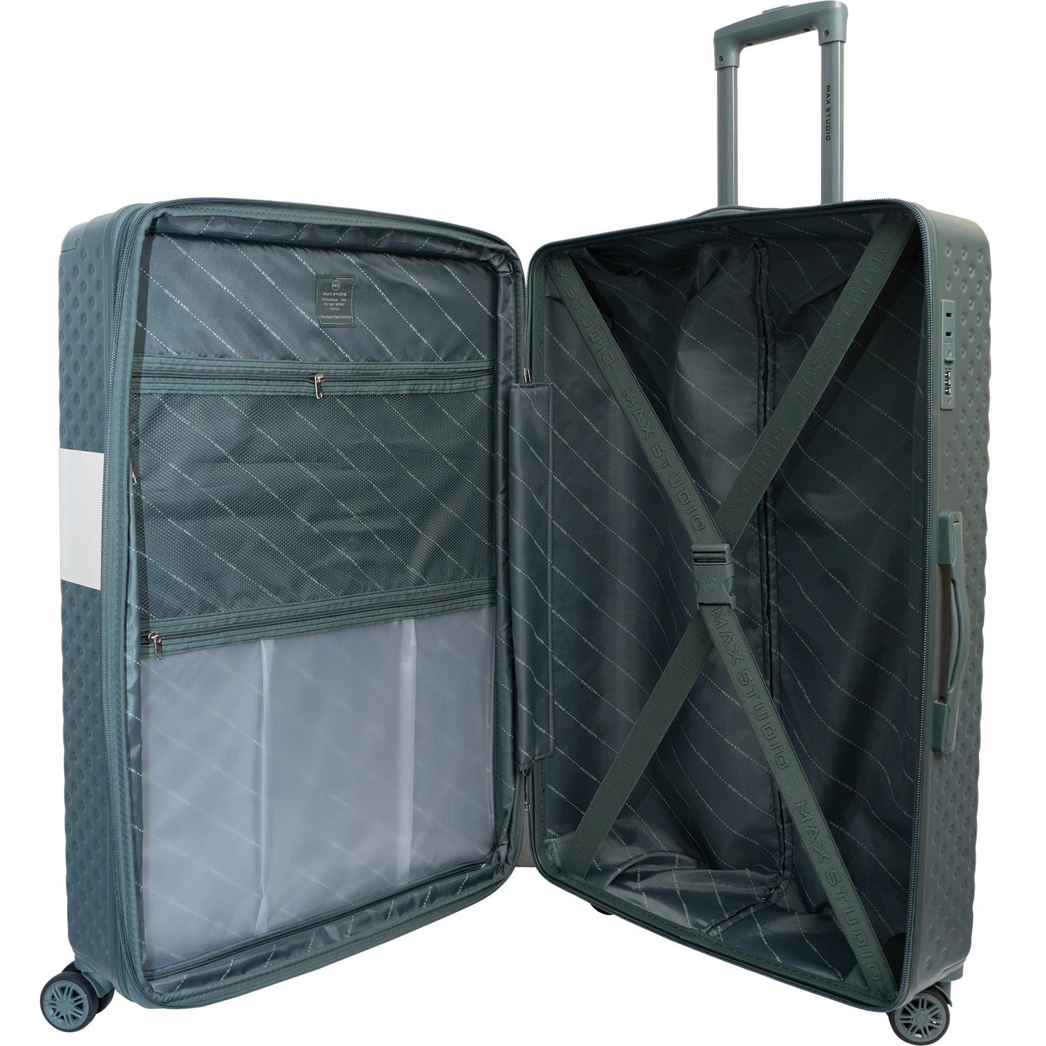 Open gray suitcase with wheels on a white background