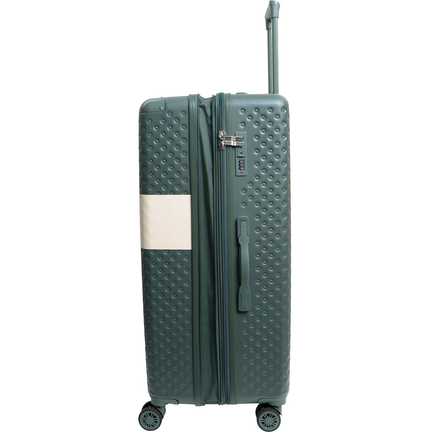 Green suitcase with a white stripe on a white background