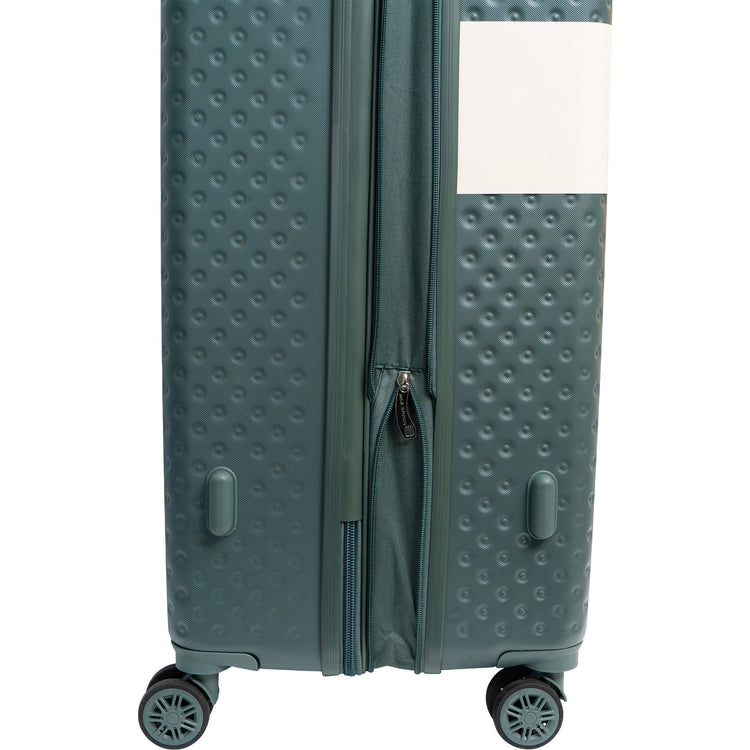 Green textured suitcase with open zipper on a white background