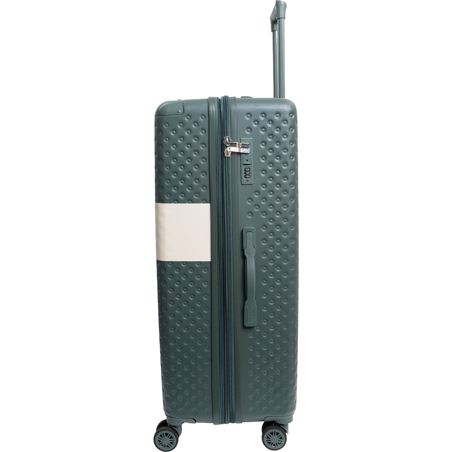 Green suitcase with a white handle on a white background