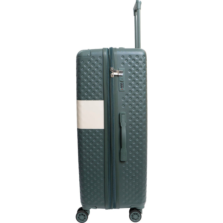 Green suitcase with a white handle on a white background