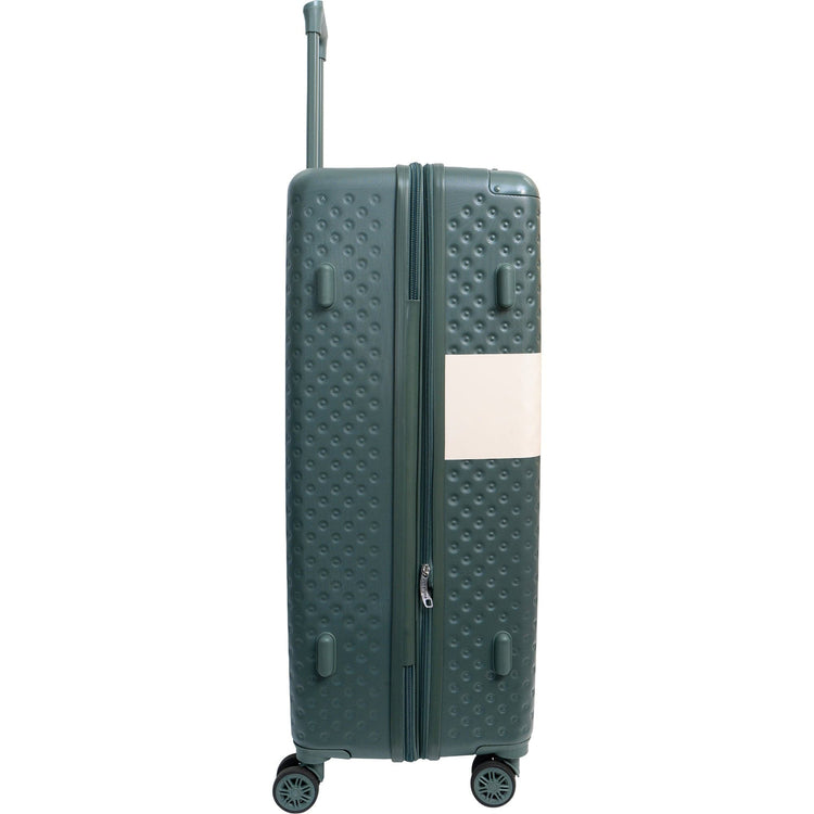 Green suitcase with a textured surface on a white background