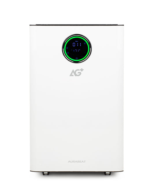 White air purifier with digital display on a white background