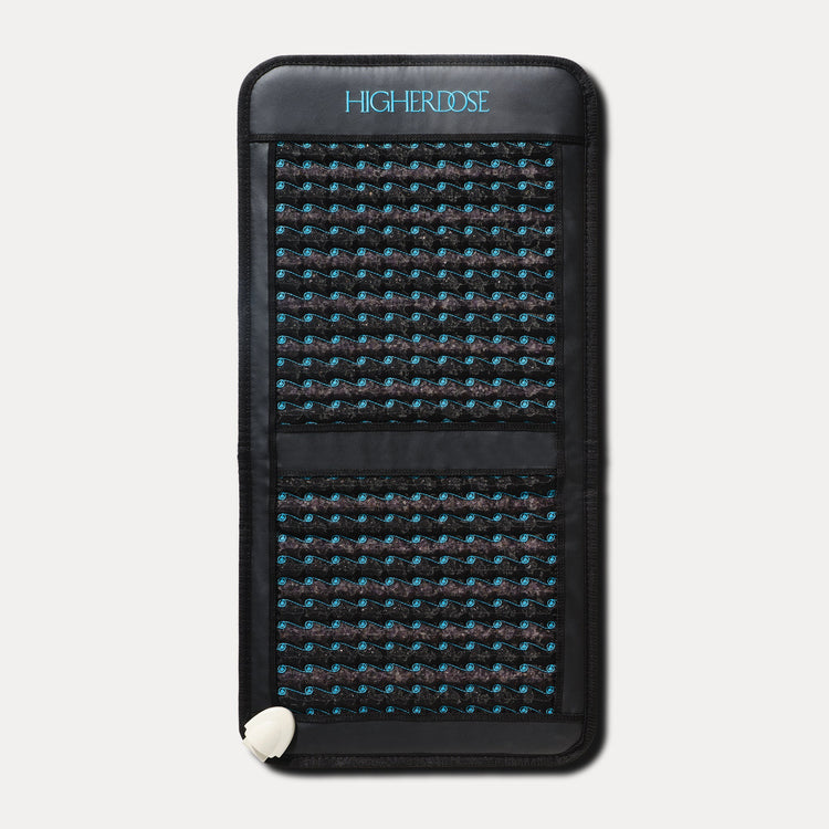 Black and blue patterned device with 'HigherDose' branding on a light gray background