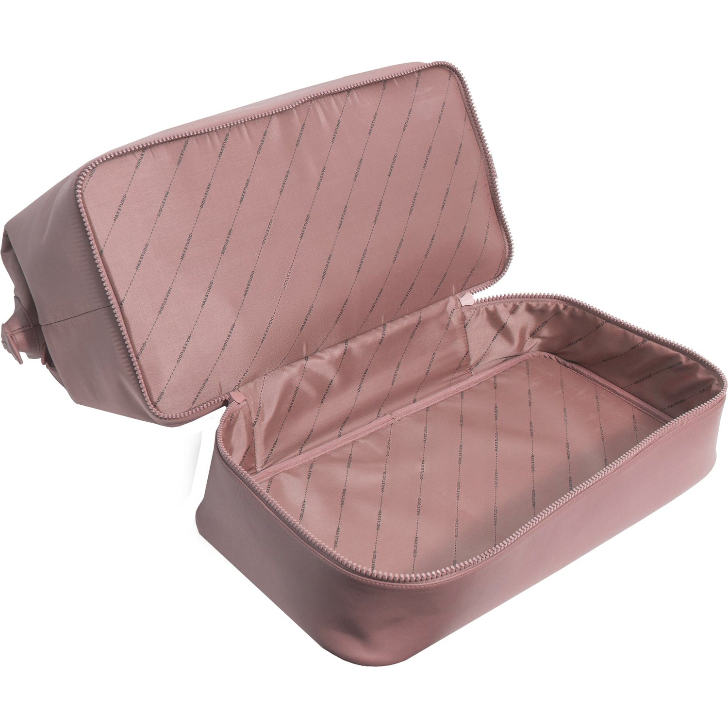 Pink travel case with open lid on a white background