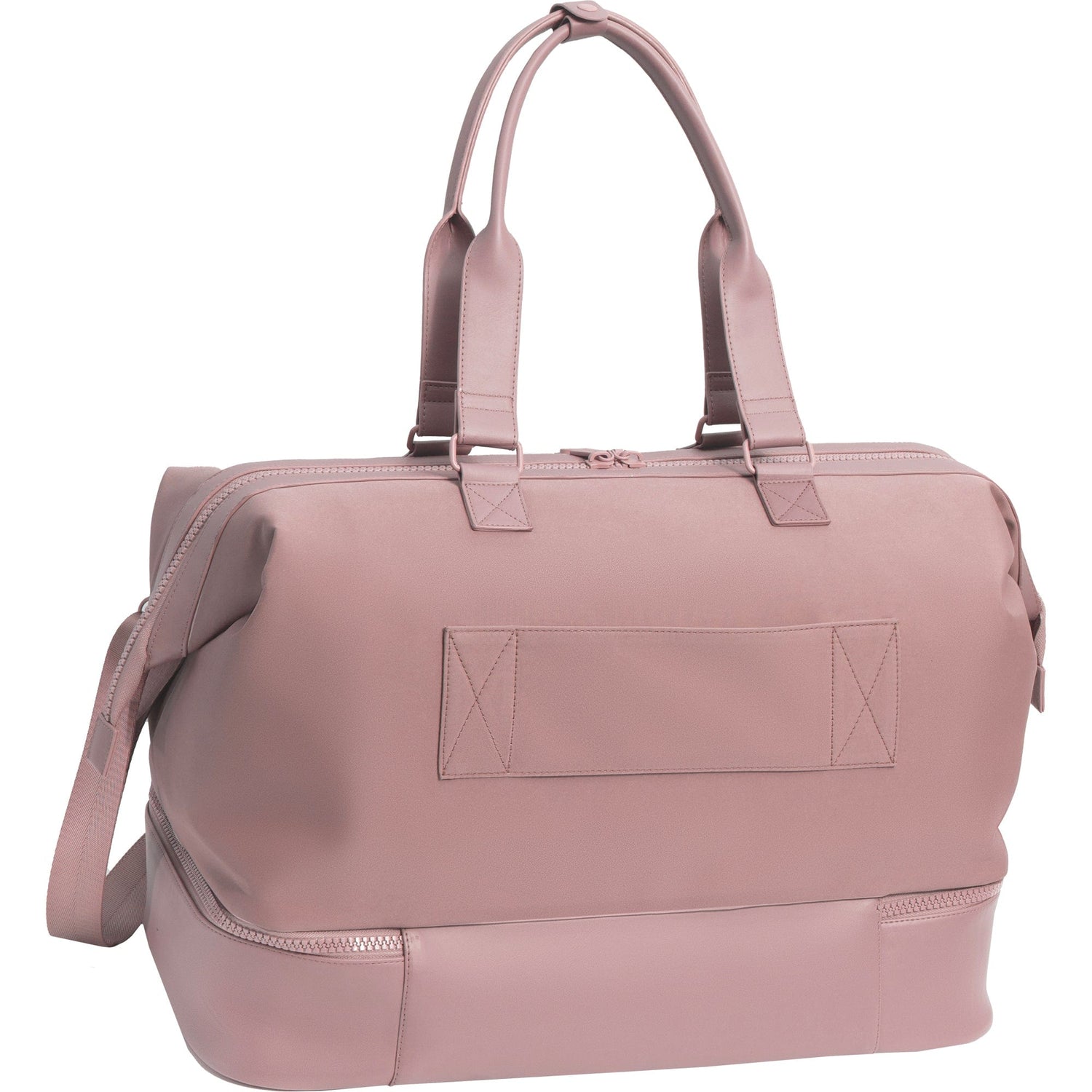 Pink duffel bag with a strap on a white background