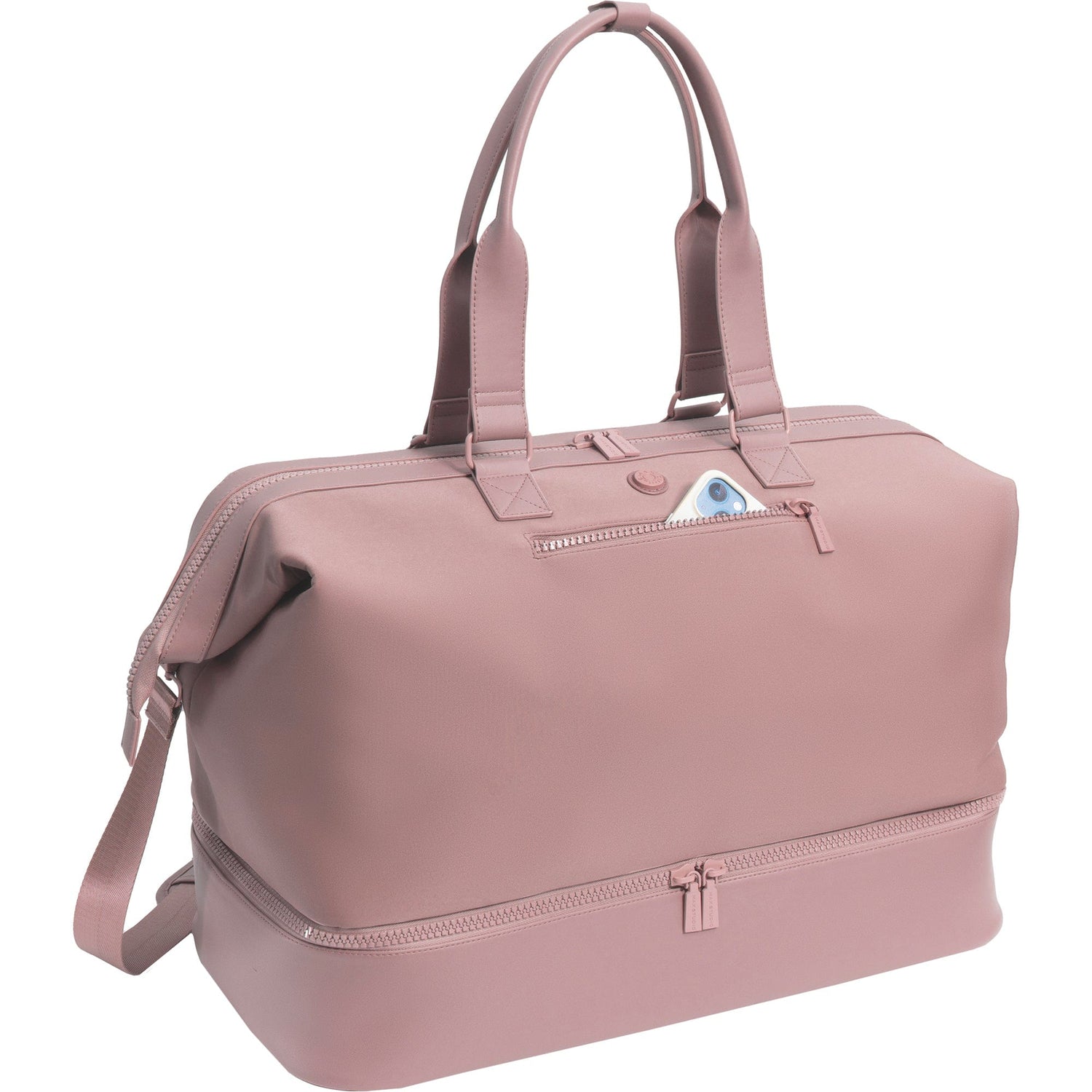 Pink duffel bag with a shoulder strap on a white background