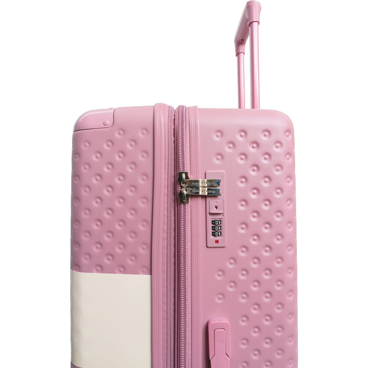 Pink textured suitcase with a white base on a white background