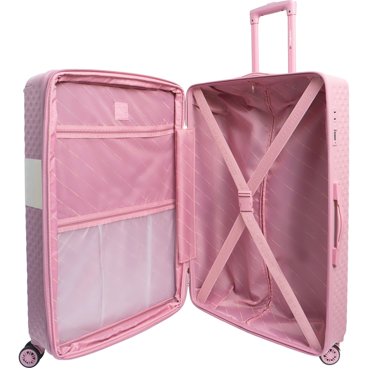 Pink suitcase with open lid on a white background