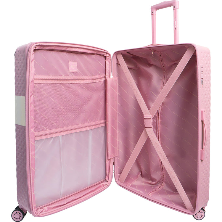 Pink suitcase with open lid on a white background
