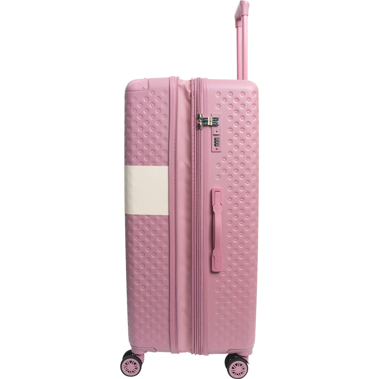 Pink textured suitcase with a white stripe on a white background