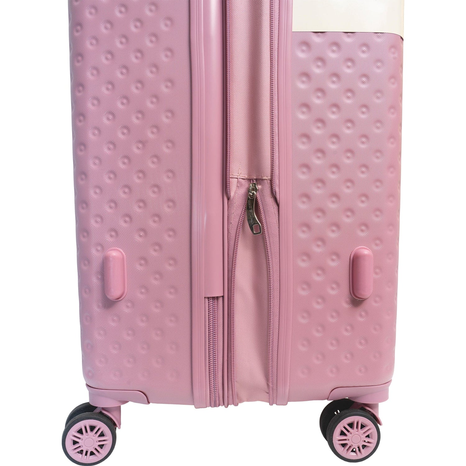 Pink textured suitcase with wheels on a white background