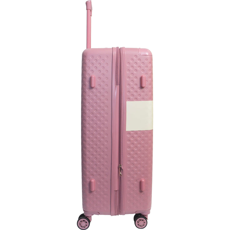 Pink textured suitcase with wheels on a white background