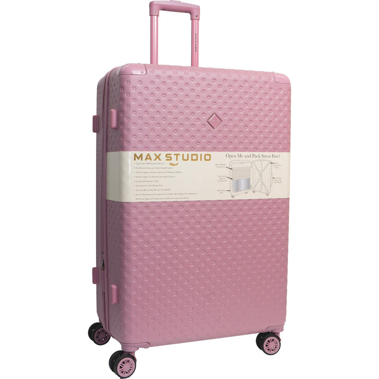 Pink suitcase with 'Max Studio' branding on a white background
