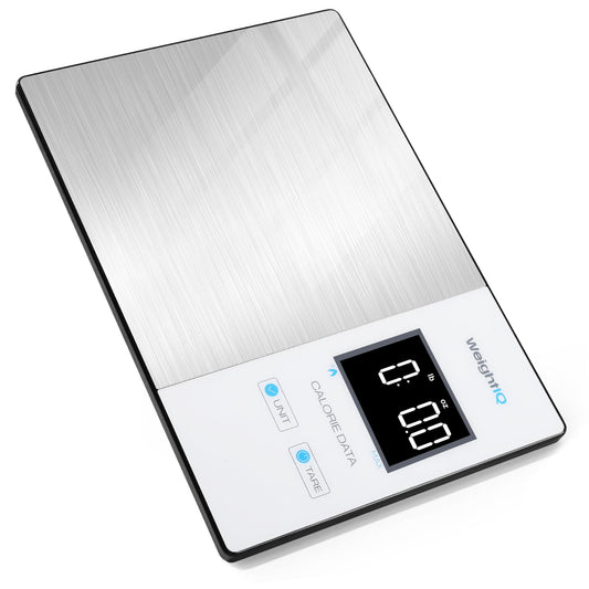 Digital kitchen scale with metallic finish on a white background