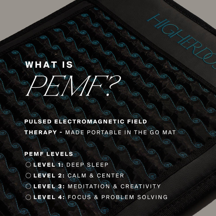 Go mat with text explaining PEMF therapy and its levels on a dark background