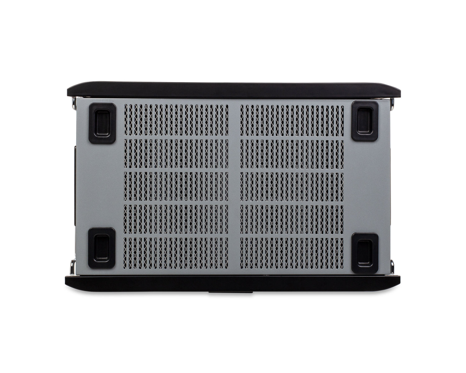 Back view of a black electronic device with cooling fins on a white background