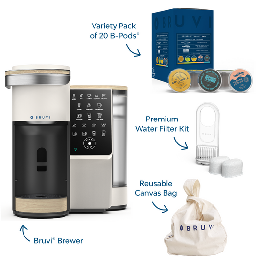 The Bruvi Bundle | Bruvi Single-Serve Coffee Maker, 20 B-Pods and Water Filter Kit
