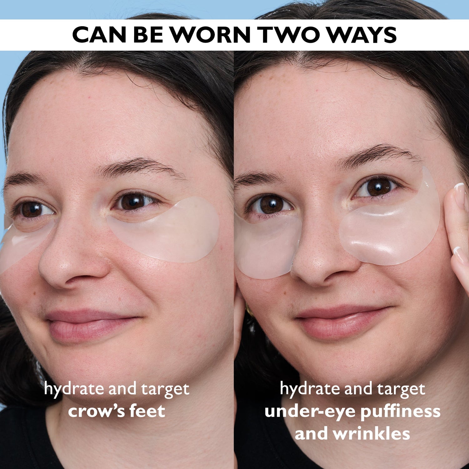 Two views of a woman's face with eye patches, showing different application methods.