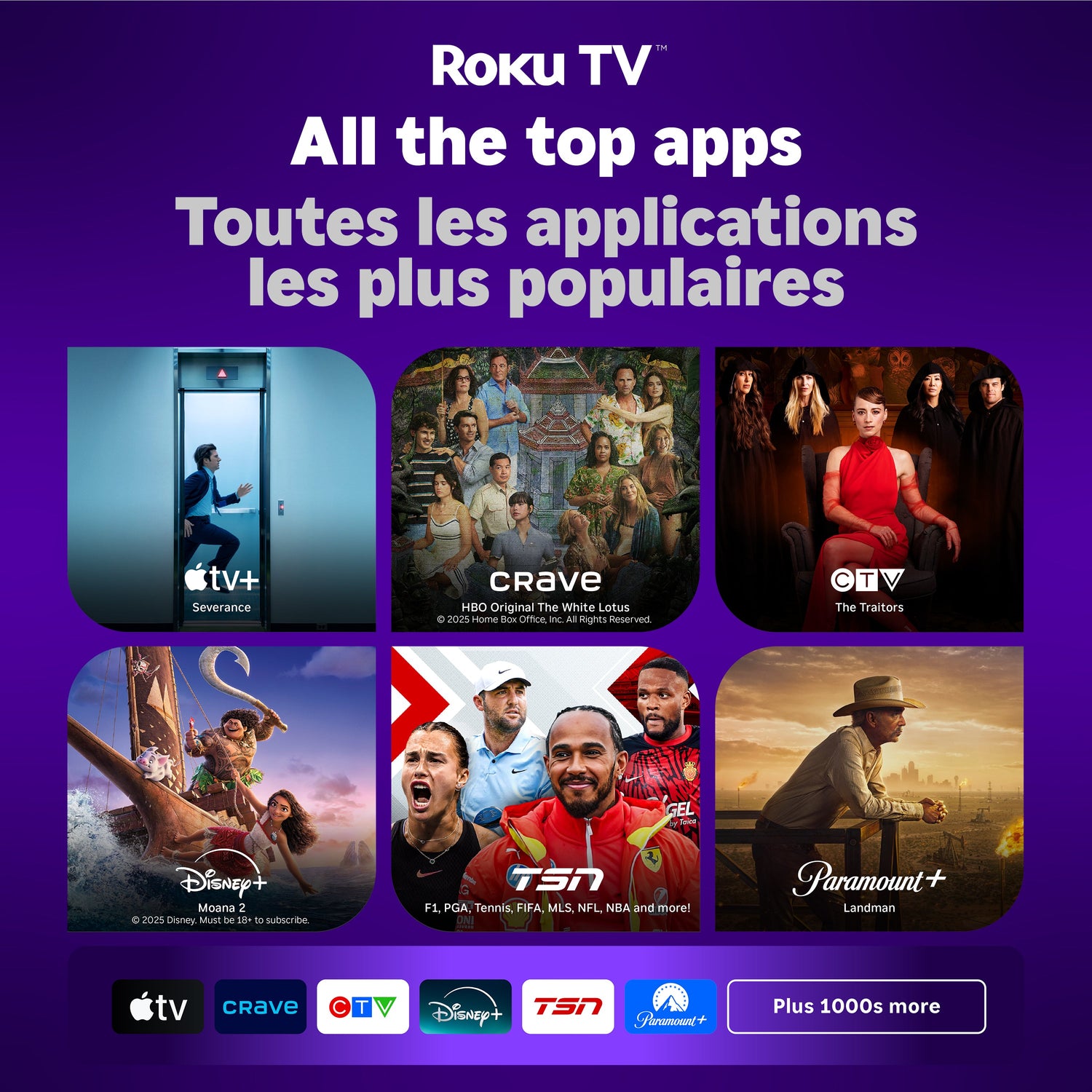 Roku TV advertisement with app icons on a purple background